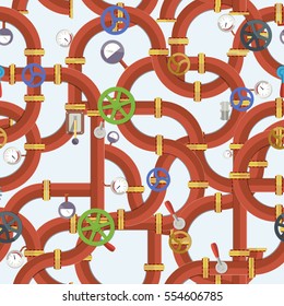 Industrial manufacturing seamless pattern with red steel pipeline valves tubes fittings selectors manometers vector illustration