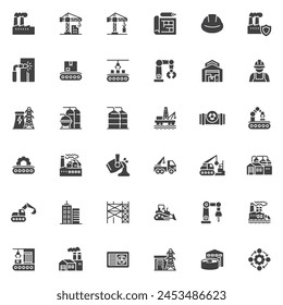 Industrie und Gewerbe Manufacturing Vector Icons Set, moderne Solid-Symbol-Kollektion, gefüllte Stil-Piktogramm-Paket. Schilder, Logo-Illustration. Set enthält Symbole als Baustelle, Fabrik, Förderband