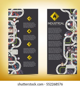 Industrial manufacturing vertical banners with text pipeline valves and gas pipe tools gears icons isolated vector illustration
