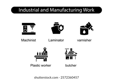 Industrial and Manufacturing Work. Icons included: Plastic worker, Laminator, butcher, varnisher, Machinist.