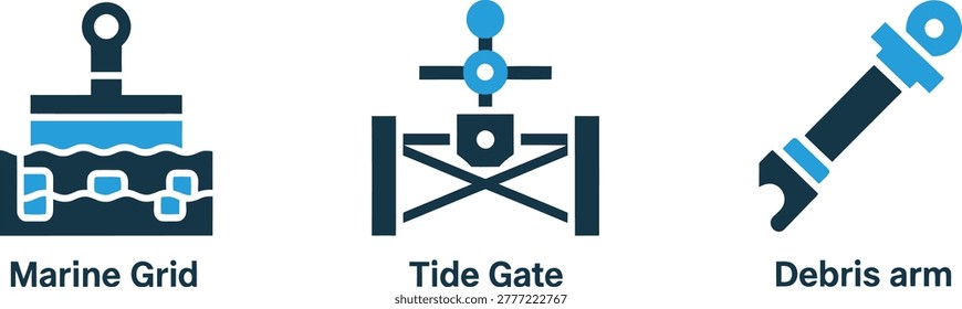 Industrial marine engineering icons set featuring grid tide gate and debris arm industrial engineering mechanism mechanical infrastructure hydraulic equipment filtration automation maritime