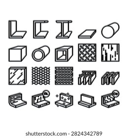 Industrial materials, metal profiles, and construction components are being manufactured, depicting various forms of steel, aluminum, and copper for building and metallurgical engineering