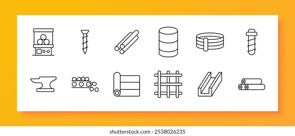 Ícone de conjunto de materiais industriais. Rolamento de esferas, parafuso, hastes de aço, barril de petróleo, braçadeira de tubos, bigorna, correia transportadora, rolo de chapa de metal, grade de aço, canal de metal, fibrado de arame. Ícones essenciais industrial