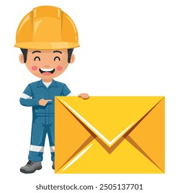 Industrial mechanic with letter envelope for email. Concept of communication, notification and contact. Engineer with his personal protective equipment. Industrial safety and occupational health