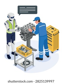 Industrial mechanic and robot assistant assembling an engine block in a modern workshop, illustrating automation, teamwork, and smart manufacturing.
