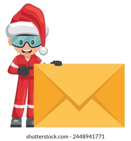 Industrial mechanic with Santa Claus hat with letter envelope for email. Concept of communication, notification and contact. Merry christmas. Industrial safety and occupational health at work
