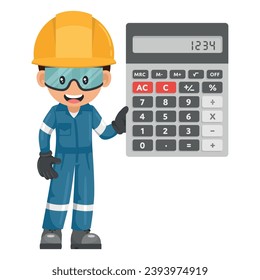 Industrial mechanic worker with a calculator for financial analysis, accounting and budget calculation. Industrial safety and occupational health at work