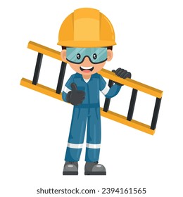 Industrial mechanic worker carrying a ladder with thumb up. Supervisor with personal protective equipment. Industrial safety and occupational health at work