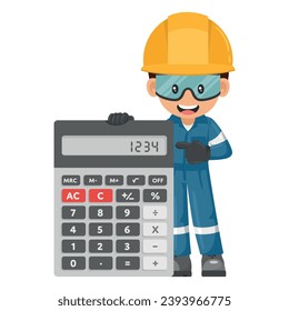 Industrial mechanic worker with giant calculator for financial analysis, accounting and budget calculation. Industrial safety and occupational health at work