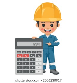Industrial mechanic worker with giant calculator for financial analysis, accounting and budget calculation. Industrial safety and occupational health at work