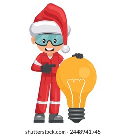 Industrial mechanic worker with a giant light bulb with Santa Claus hat. Creative concept for the generation of ideas. Merry christmas. Industrial safety and occupational health at work