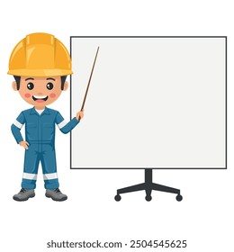 Industrial mechanic worker with his personal protective equipment coat giving a talk or training on a whiteboard in a meeting. Safety first. Industrial safety and occupational health at work