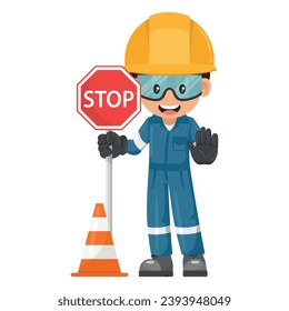 Industrial mechanic worker holding stop sign with safety cone. Engineer with his personal protective equipment. Security First. Industrial safety and occupational health at work