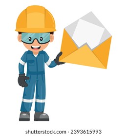 Trabajador mecánico industrial con sobre de carta para correo electrónico. Concepto de comunicación, notificación y contacto. Ingeniero con su equipo de protección personal. Seguridad industrial y salud ocupacional