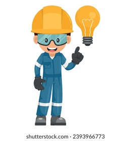 Industrial mechanic worker with a light bulb. Creative concept for the generation of ideas. Engineer with his personal protective equipment. Industrial safety and occupational health at work