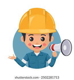 Industrial mechanic worker making an announcement with a megaphone. Supervisor engineer with his coverall and personal protective equipment. Industrial safety and occupational health at work