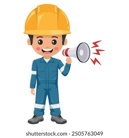 Industrial mechanic worker making an announcement with a megaphone. Supervisor engineer with his coverall and personal protective equipment. Industrial safety and occupational health at work