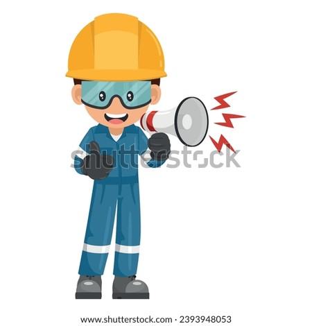 Industrial mechanic worker making an announcement with a megaphone. Concept of leadership, communication, training and motivation. Industrial safety and occupational health at work Foto stock © 