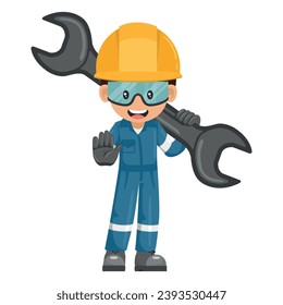 Industrial mechanic worker with mechanical wrench making stop sign. Concept of repair, preventive maintenance and technical support. Industrial safety and occupational health at work