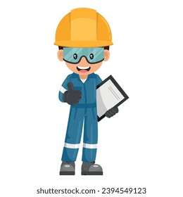 Industrial mechanic worker with notepad for project evaluation with thumb up. Supervisor engineer with personal protective equipment. Industrial safety and occupational health at work