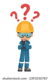 Industrial mechanic worker worker pensive and expressing doubt with question sign for FAQ concept. Engineer with his personal protective equipment. Industrial safety and occupational health at work