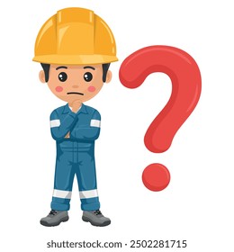 Industrial mechanic worker pensive and expressing doubt with giant question sign for FAQ concept. Industrial safety and occupational health at work