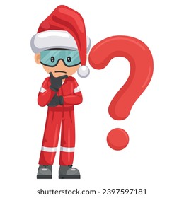 Industrial mechanic worker with Santa Claus hat pensive and expressing doubt with giant question sign for FAQ concept. Merry christmas. Industrial safety and occupational health at work
