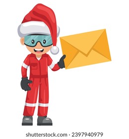 Industrial mechanic worker with Santa Claus hat with letter envelope for email. Merry christmas. Concept of communication, notification and contact. Industrial safety and occupational health