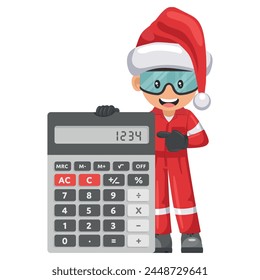 Industrial mechanic worker with Santa Claus hat with giant calculator for financial analysis, accounting and budget calculation. Merry christmas. Industrial safety and occupational health at work