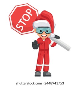 Industrial mechanic worker with Santa Claus hat with stop sign. Engineer with his personal protective equipment. Merry christmas. Safety first. Industrial safety and occupational health at work