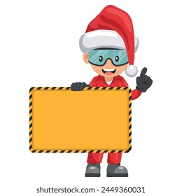 Industrial mechanic worker with Santa Claus hat holding a banner with space for text for advertising, presentations, brochures. Merry christmas. Industrial safety and occupational health at work