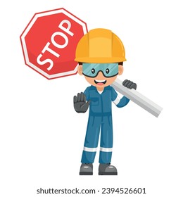 Industrial mechanic worker with stop sign. Engineer with his personal protective equipment. Safety first. Industrial safety and occupational health at work