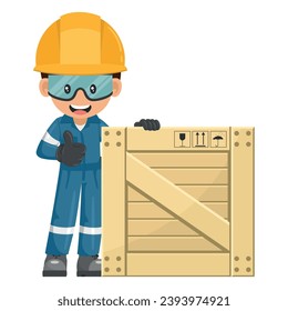 Industrial mechanic worker with thumb up with wooden box for delivery, storage and shipping. Engineer with his personal protective equipment. Industrial safety and occupational health at work