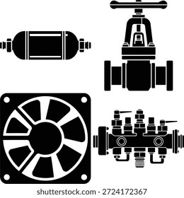 Industrial y colección de componentes mecánicos: un conjunto de cuatro iconos distintos de válvulas, ventiladores y recipientes aislados sobre fondo blanco, Vector