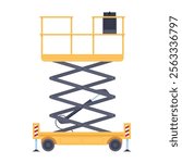 Industrial mechanical lift for construction with scissors platform vector flat illustration. Cargo engineering machinery maintenance self service lifting structure support transportation for building