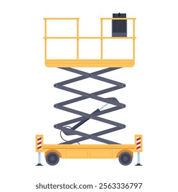 Industrial mechanical lift for construction with scissors platform vector flat illustration. Cargo engineering machinery maintenance self service lifting structure support transportation for building