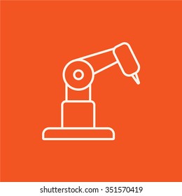 Industrielle mechanische Roboterarmlinie Symbol für Web-, Mobil- und Infografiken. Vektorweißes Symbol einzeln auf rotem Hintergrund.