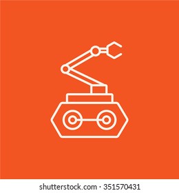 Industrial mechanical robot arm line icon for web, mobile and infographics. Vector white icon isolated on red background.