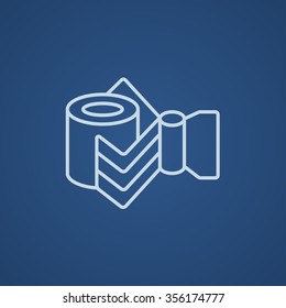 Industrial mechanical robot arm line icon for web, mobile and infographics. Vector light blue icon isolated on blue background.