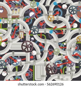 Industrial mechanical seamless pattern with gray metal pipeline valves tubes fittings gears selectors manometers vector illustration