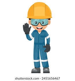 Industrial mechanical worker with his personal protective equipment saluting. Express an idea in a presentation. Safety first. Industrial safety and occupational health at work