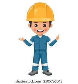 Industrial mechanical worker with his personal protective equipment pointing his finger. Express an idea and indicate with the index finger. Industrial safety and occupational health at work