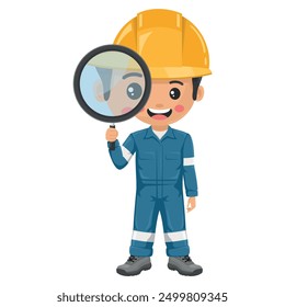 Industrial mechanical worker looking through a magnifying glass. Concept of study and research. Supervisor engineer with his coverall and personal protective equipment. Safety first