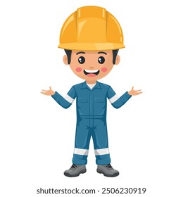 Industrial mechanical worker with open hands. Supervisor engineer with his coverall and personal protective equipment. Safety first. Industrial safety and occupational health at work