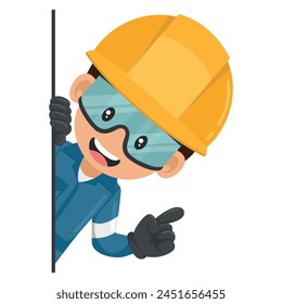 Industrial mechanical worker peeking out from behind a wall pointing finger. Express an idea and indicate it with the index finger. Industrial safety and occupational health at work