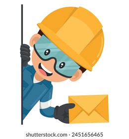 Industrial mechanical worker peeking out from behind a wall with letter envelope for email. Concept of communication, notification and contact. Industrial safety and occupational health at work