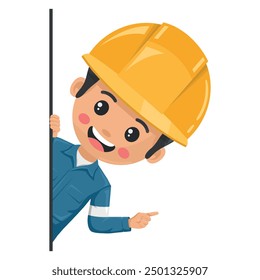 Industrial mechanical worker peeking out from behind a wall pointing finger. Express an idea and indicate it with the index finger. Industrial safety and occupational health at work