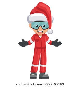 Industrial mechanical worker with Santa Claus hat  with open hands. Merry christmas. Supervisor engineer with his coverall. Safety first. Industrial safety and occupational health at work