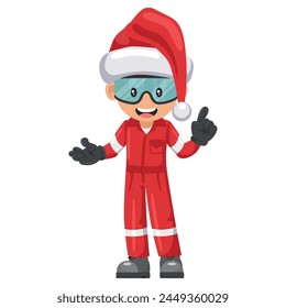 Industrial mechanical worker with Santa Claus hat pointing his finger. Merry christmas. Express an idea and indicate with the index finger. Industrial safety and occupational health at work