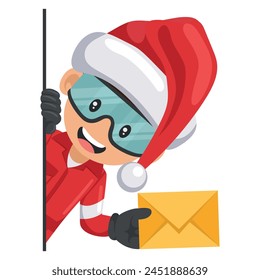 Industrial mechanical worker with Santa Claus hat peeking out from behind a wall with letter envelope for email. Merry christmas. Concept of communication, notification and contact
